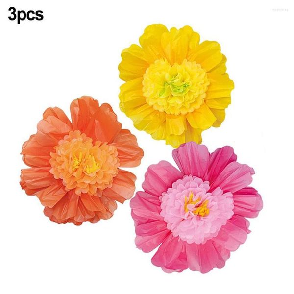 Flores decorativas 3 pçs papel crepe flor decorações de parede 60cm grande 3d 3 cores seda rosa bud cabeças diy artesanato decoração