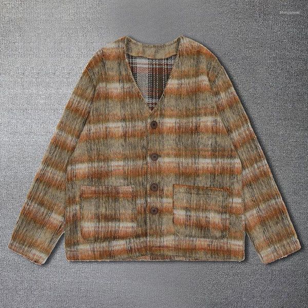 Maglioni da uomo Cardigan in mohair a quadri marroni di alta qualità Maglione lavorato a maglia in misto lana con scollo a V Giacca moda autunnale da uomo