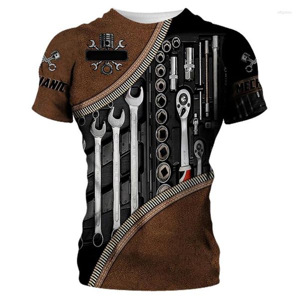 Camiseta masculina Ferramentas Mecânicas 3D Impresso Manga Curta Verão Casual Respirável Camiseta Oversized Top