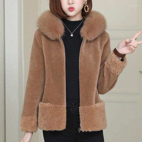Pele feminina inverno falso cabelo com capuz casaco feminino moda zíper quente casaco de cordeiro mulher 2023 coreano macio pelúcia curto jaqueta senhoras