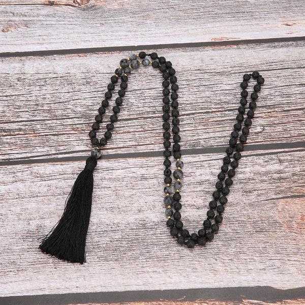 Mala Beads 6mm Pietra vulcanica Annodata Meditazione Gioielli semi-preziosi Uomini e donne Collana con ciondolo pendente con nappa nera N209S