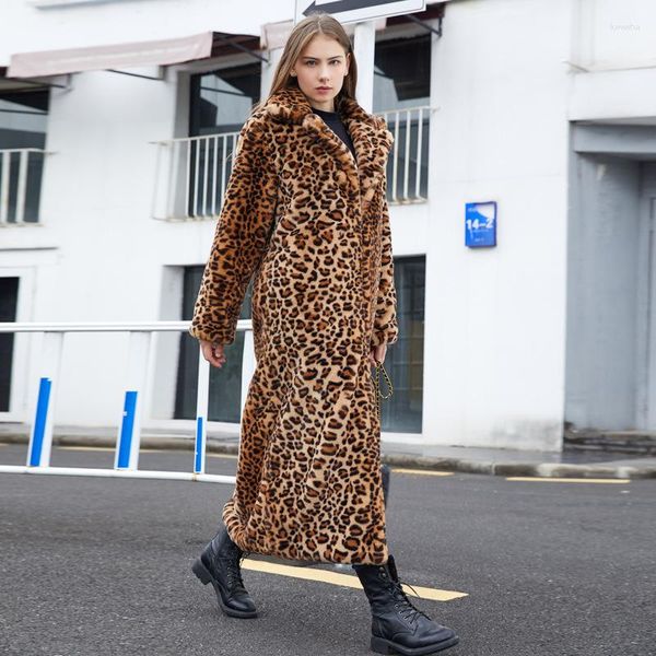 Женское пальто из искусственного меха, зимний теплый костюм, воротник с леопардовым узором, длинное плюшевое модное повседневное пальто