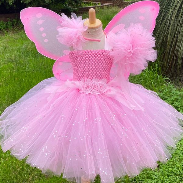 Mädchenkleider Mädchen Rosa Feenkleid Kinder Glitzer Tutu Blumenkleider mit Flügel und Stab Haarschleife Kinder Geburtstag Halloween Party Kostüme 230925