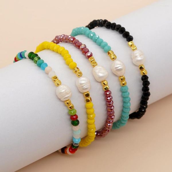 Braccialetti a maglie Regalo fortunato estivo bohémien Cristallo colorato Pulsera Donna Bracciale di perle naturali fatto a mano di lusso con catena dorata Gioielli di moda