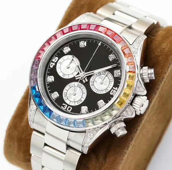 Orologio automatico di moda classica di design di lusso di alta qualità intarsiato con diamanti colorati da 40 mm in vetro zaffiro resistente all'acqua. Regalo di Natale