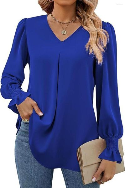 Kadın Bluzları Moda Sonbahar Kış Katı Şifon Gömleği V Yez Kazak Boynuz Uzun Kollu Gömlek Günlük Bluz Ofis Bayan Giysileri Tops