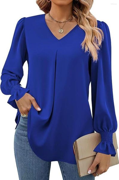 Camicette da donna Moda Autunno Inverno Camicia in chiffon solido Pullover con scollo a V Corno Camicie a maniche lunghe Camicetta casual Office Lady Abbigliamento Top