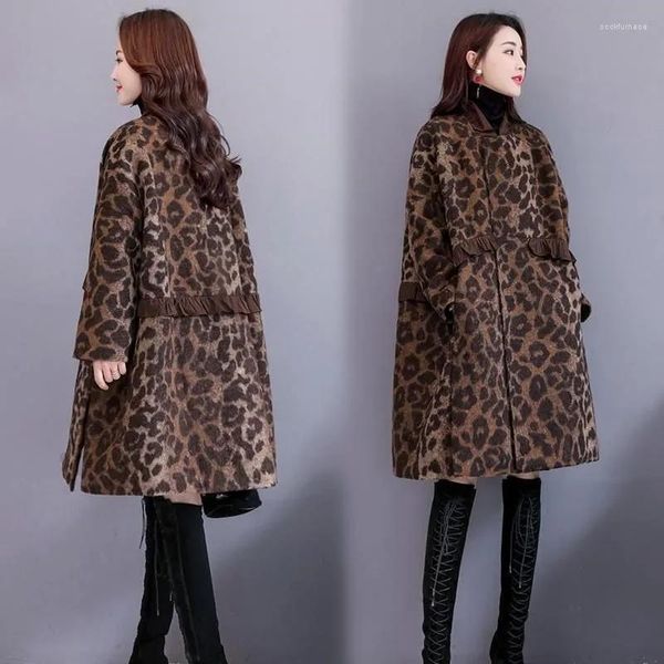 Frauen Wolle Leopard Print Woolen Mantel Frauen Herbst Winter Koreanische Mode Femme Cape Jacke Casual Warme Monteau Lange Mantel