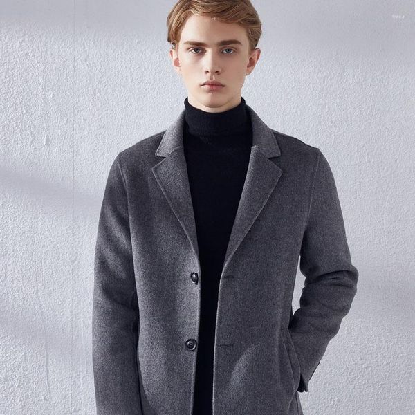 Casaco masculino de lã outono inverno inteligente casual dupla face tweed mid-long artesanal cashmere cardigan tops