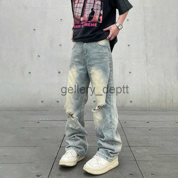 Erkekler Kot yırtılmış kot pantolon, baggy sokak kıyafeti hip hop büyük boy geniş bacak vaqueros pantalones hombre gevşek sokak pantolon y2k denim pantolon j230926