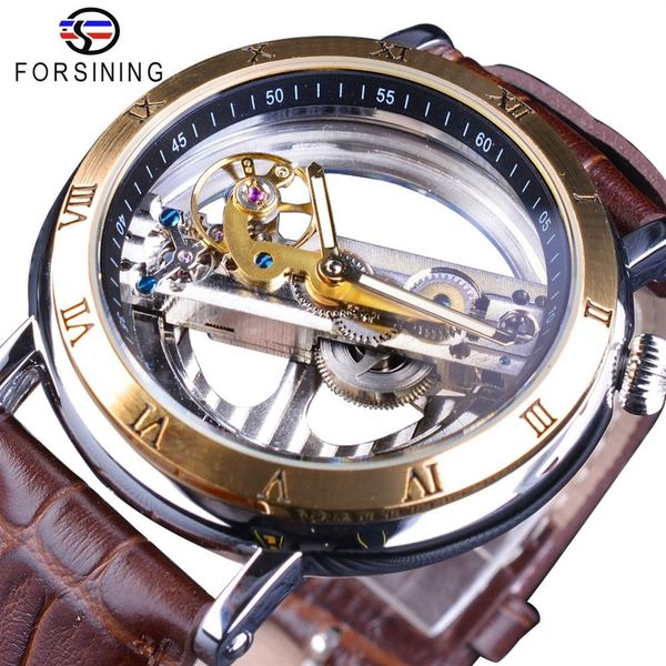 Forsining doppio lato trasparente in pelle marrone impermeabile automatico orologi da uomo orologio da polso creativo scheletrato di lusso di marca superiore299q