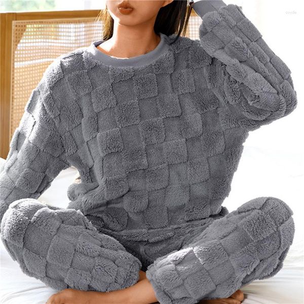 Pijamas femininos inverno quente flanela pijamas conjunto para mulheres grosso coral veludo manga longa pijamas camisola terno feminino cinza