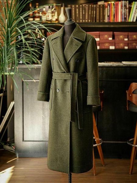 Abiti da uomo in lana da uomo in un pezzo su misura Cappotto lungo spesso spesso formale con risvolto verde scuro su misura