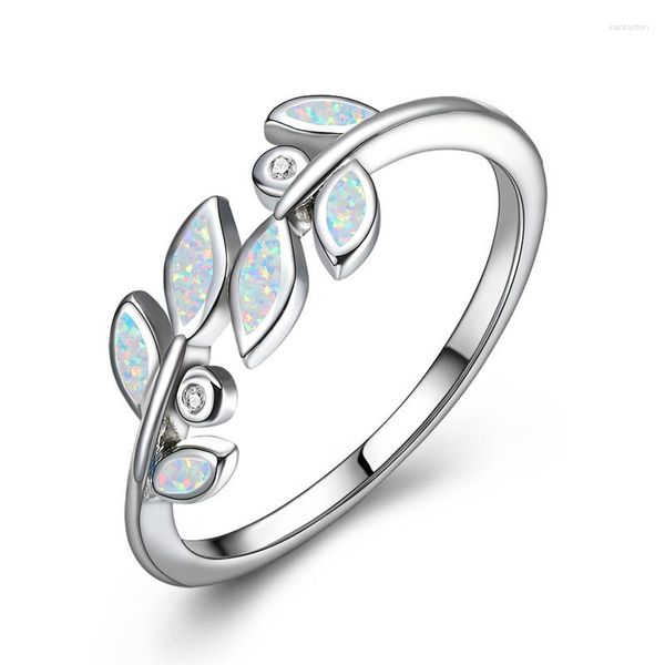 Hochzeit Ringe Boho Weibliche Blau Weiß Opal Ring Klassische Silber Farbe Für Frauen Vintage Kristall Braut Blatt Dünne Verlobung