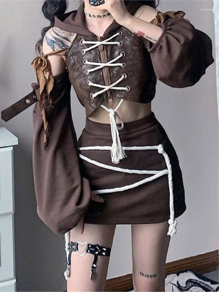 Arbeitskleider Rock Splicing Röcke Japanischer Punk Hohe Taille Bandage Braun Mode Minirock Mädchen Anzug 2023 Zweiteiler Y2k