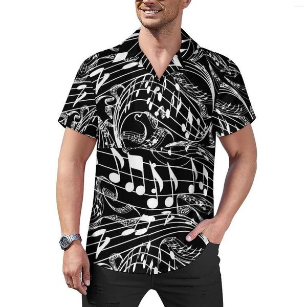 Camisas casuais masculinas notas musicais camisa de férias preto branco havaiano homem legal blusas de manga curta design roupas plus size