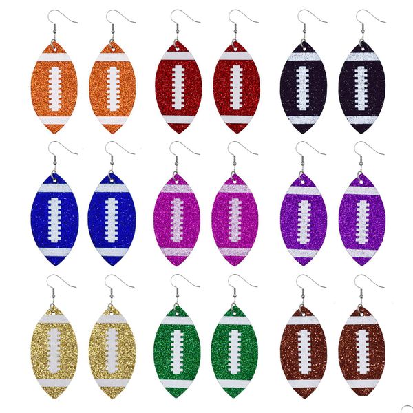 Lampadario pendente Palla Orecchini pendenti Rugby Paillettes Glitter Orecchini a goccia Colorf Pelle Sport Ganci per le orecchie Per le donne In vendita Gioielli Dhj2Q