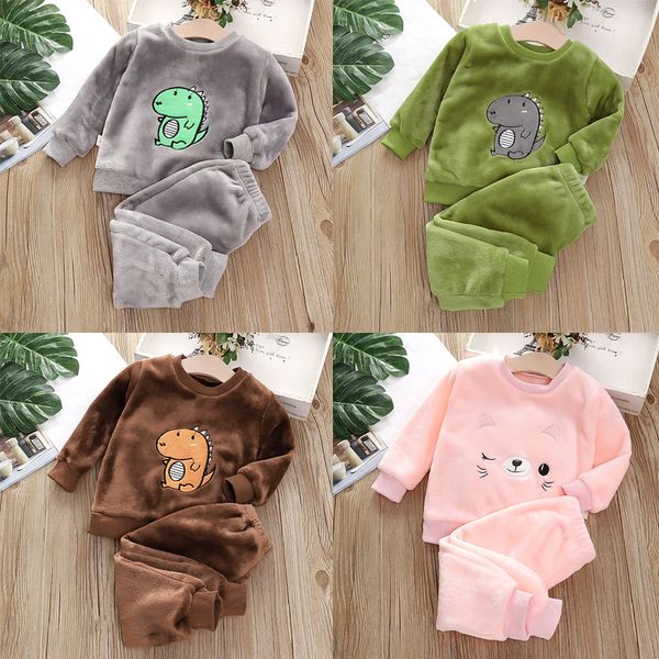 Set di abbigliamento Baby Boy Warm Dinosuar Set Winter Cartoon Pigiama Outfit per ragazze Pleuche Maglione Pantaloni 2 pezzi Vestito per bambini 1-6 anni 230927