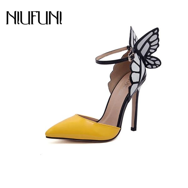 Тапочки NIUFUNI с крыльями бабочки, летние туфли-лодочки с острым носком, цветные сандалии на тонком каблуке и высоком каблуке 230927