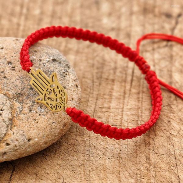 Charme pulseiras artesanais corda vermelha aço inoxidável fatima palma trançada pulseira budista sorte pulseiras para mulheres presente masculino