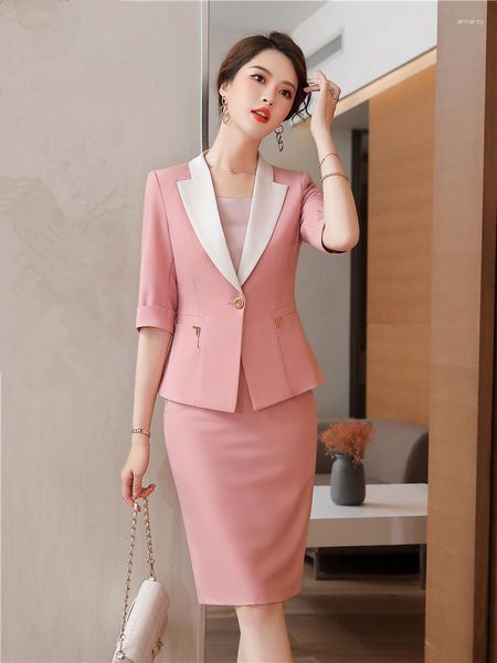 Abito a due pezzi Abito gonna formale da donna 2023 Primavera Autunno Rosa Bianco Nero Ufficio da donna Elegante giacca sportiva posteriore Split Midi Chic 2 Set