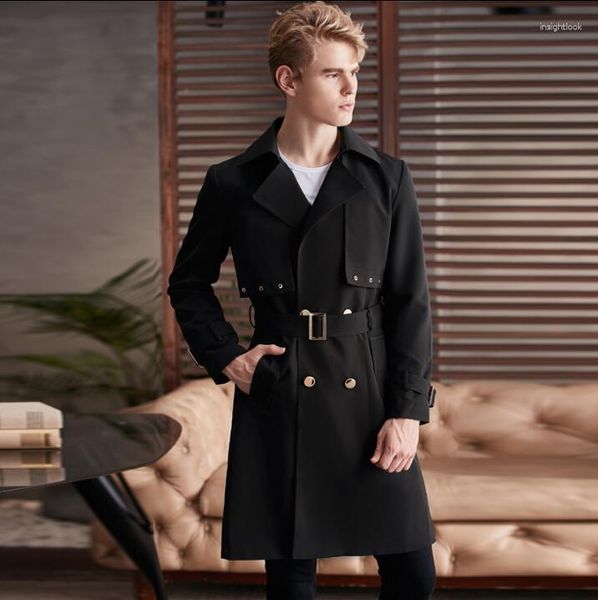 Trench da uomo Cappotto lungo doppio petto da uomo Cappotto lungo da uomo Risvolto grande Cintura tinta unita Autunno inverno Cappotto manica