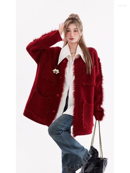 Chandails pour femmes Korejepo Chic Pull de mode doux cool rouge gland tricoté cardigan veste 2023 lâche polyvalent belle vêtements d'extérieur