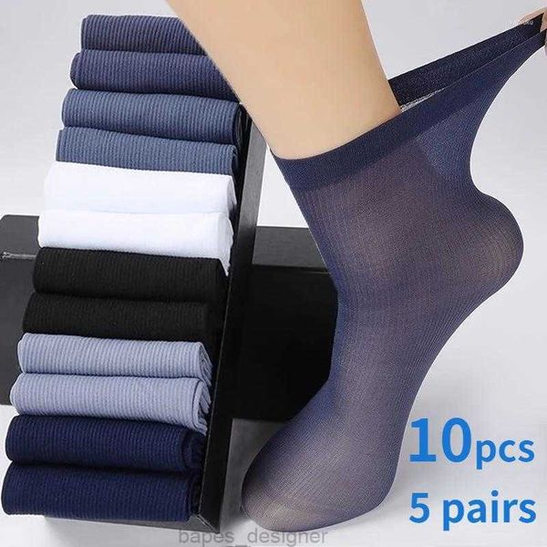 Meias masculinas 5 pares de fibra de bambu verão respirável fino gelo seda alta elástica nylon calcetines negócios casuais