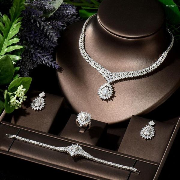 Halskette Ohrringe Set HIBRIDE Großer Wassertropfen Kubischer Zirkon Ohrring Braut Frauen Hochzeit Party Modeschmuck Bijoux N-145