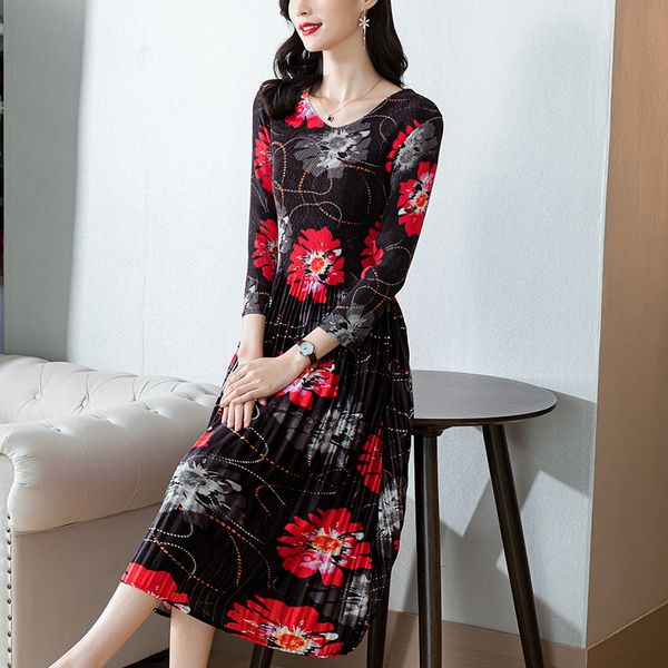 2023 preto veludo floral midi vestido feminino designer saindo férias festa com decote em v magro a linha vestidos plissados outono inverno elegante e juventude vestidos de manga longa