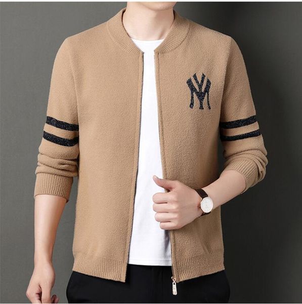 Inverno desinger moda masculina zíper velo cardigans suéteres fino encaixe malha beisebol macio suéteres homens na moda casacos streetwear jaqueta jovem roupas masculinas