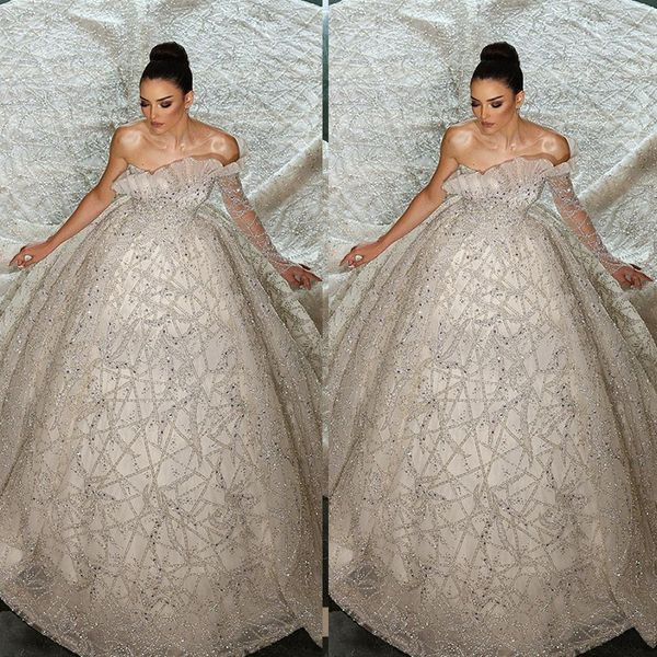 Splendido abito da ballo abito da sposa con sbuffo di perline Illusion Princess Abito da sposa con lungo strascico Vestido De Noiva Abiti da sposa