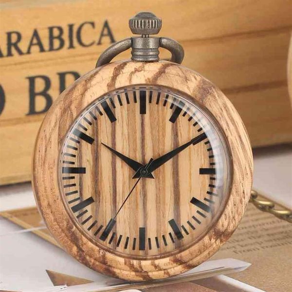 Relógio de bolso de madeira simples corrente retro madeira mostrador redondo analógico 12 horas exibição quartzo pocketwatch coleções de arte para men282q