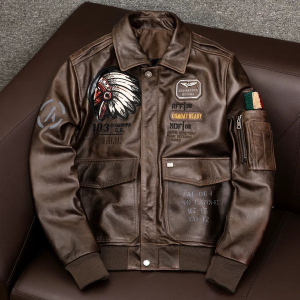 Giacca da uomo in pelle finta 2023 Air Force Flight A2 Pilot Indian Cow Motorcycle Giacca marrone 100 Bomber in pelle di vacchetta Abbigliamento maschile 230927