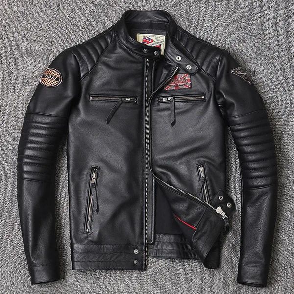 Jaqueta masculina de couro genuíno para motocicleta, jaqueta estilo motociclista, casaco fino de primavera