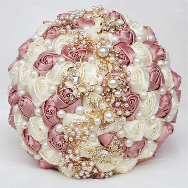 7 colores Perlas Boda nupcial Ramos de rosas Ramo elegante Dama de honor Mano sosteniendo flores falsas Diamantes de oro Regalo de fiesta W322G1245Y