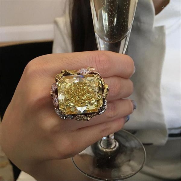 Anéis de casamento Delicados Mulheres Moda Prata Cor de Ouro Simples Geometria Quadrada Amarelo Pedra Branca para Jóias de Noivado