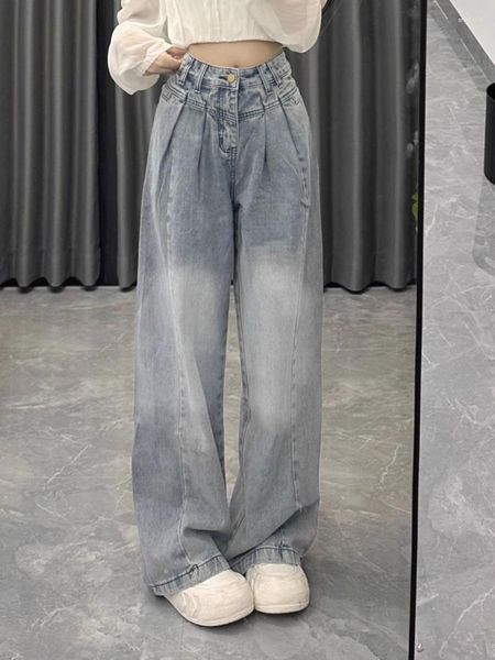 Женские джинсы, синие брюки с высокой талией, джинсовые прямые свободные потертые брюки на молнии, шикарная женская уличная одежда в полный рост, широкие брюки Y2k