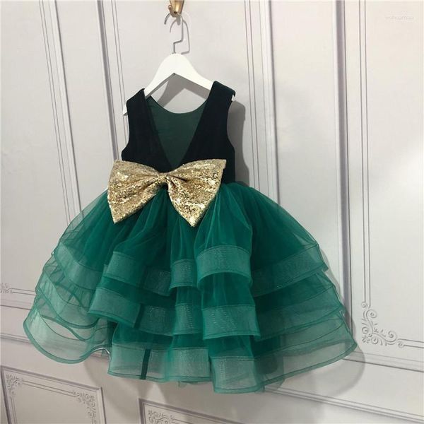 Abiti da ragazza Abito a fiori in velluto verde per matrimonio Principessa gonfia con fiocco dorato Abiti da ballo per prima comunione Tulle V-back Abiti da spettacolo