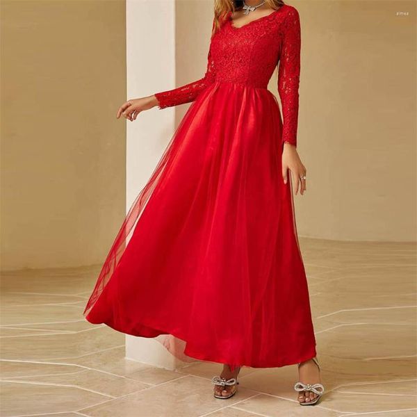 Vestidos casuais 2023 mulheres vintage laço vermelho tule vestido de casamento bordado manga longa plissada noite festa senhoras vestidos de noiva