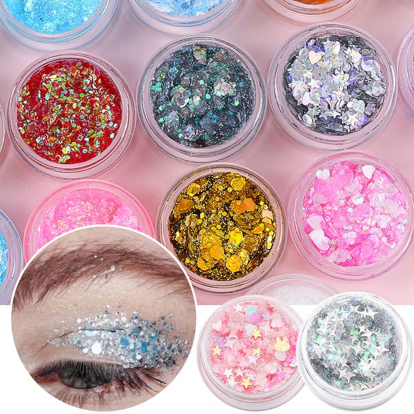 Körperglitzer, 1 Stück, glitzerndes Glam-Auge, glitzerndes Glitzer-Haar, Schimmergel, Flash-Herz, lose Pailletten, Glitzer-Lidschatten, Party, Gesicht, Körperdekoration, 230926