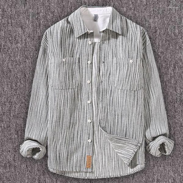 Herren-Freizeithemden, japanisches Retro-Stil, langärmelig, Western-Cowboy-Zebra-gestreiftes Hemd, Baumwolle, Button-Down-Arbeit, mit Taschen