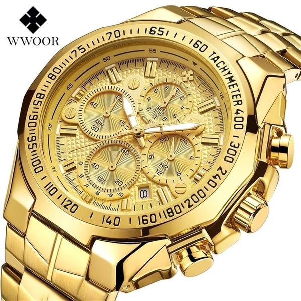 WWOOR Luxus Gold Herren Uhr Top Marke Sport Große Uhren Für Männer Wasserdichte Quarz Datum Armbanduhr Chronograph Männlich Reloj Hombre t220p