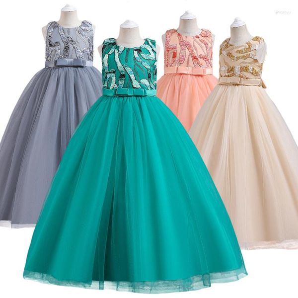 Mädchenkleider Langes Partykleid für Junior-Mädchen für Hochzeiten, Geburtstage, Zeremonien, Aplique-Tüll, Weiß, Rosa, Champagner, Blau, Galakleid, 5–14 Jahre, Kinder