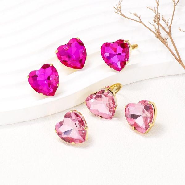 Saplama küpeleri fuşya pembe kalp rhinestone kristal küpe