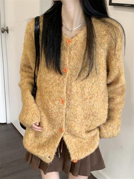 Malhas femininas plamtee amarelo suéteres casacos elegantes oversize moda 2023 ol outono doce chique malha diário senhora do escritório cardigans soltos