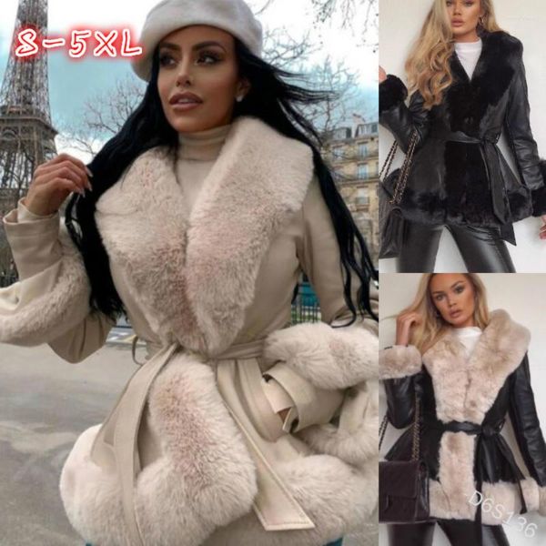 Frauen Pelz Faux Leder Mantel Frauen Spitze-up Revers Winter Jacke Große Größe Streetwear Damen Kleidung