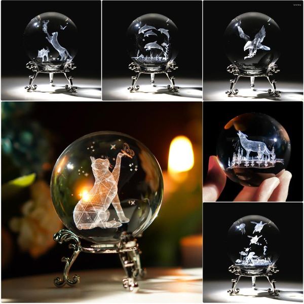 Figurine decorative 60mm Sfera di cristallo 3D Ornamenti in vetro inciso al laser Figurine di animali da collezione Fermacarte Home Art Decor con supporto