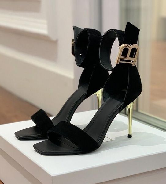 Designer verão uma sandálias sapatos mulheres b-embelezamento bezerro camurça ouro gravado salto vestido de casamento senhora moda marca gladiador sandalias EU35-42