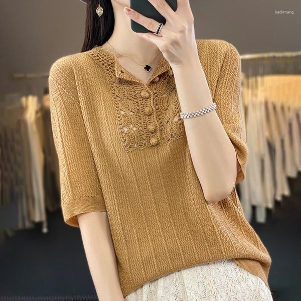 Mulheres Camisetas Primavera e Verão Penteado Lã Pura Malha Ffive-Ppoint Manga Feminina Crochet Hollow Slim Sweater Curto T-shirt Desgastado